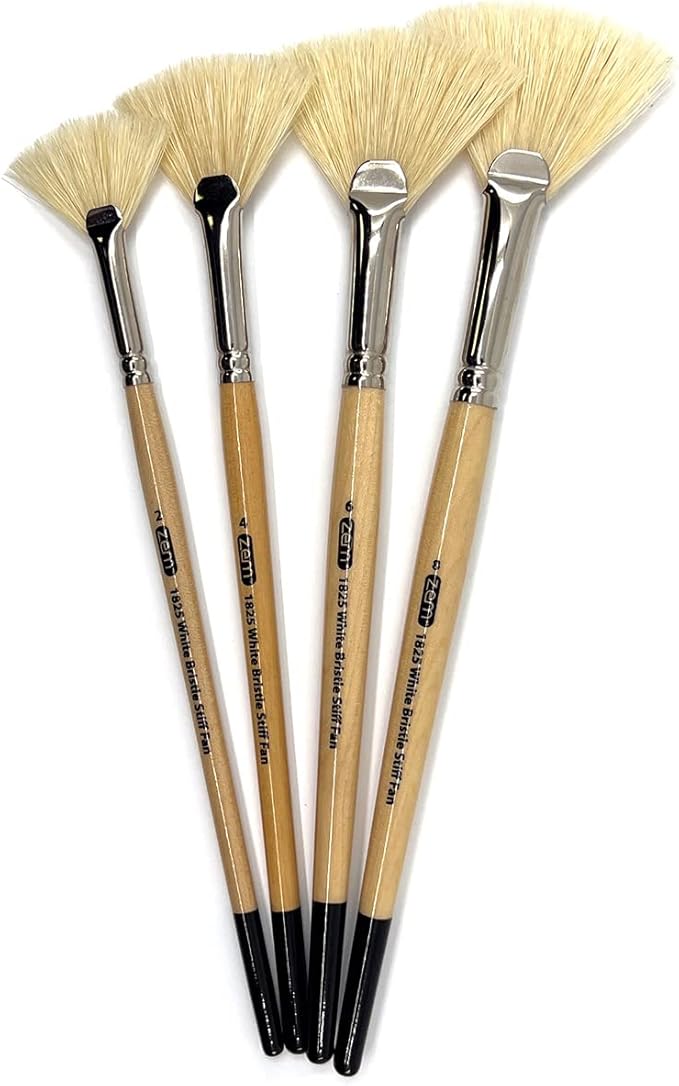 ZEM Brush White Hog Bristle Stiff Fan Brush Set Size 2,4,6,8