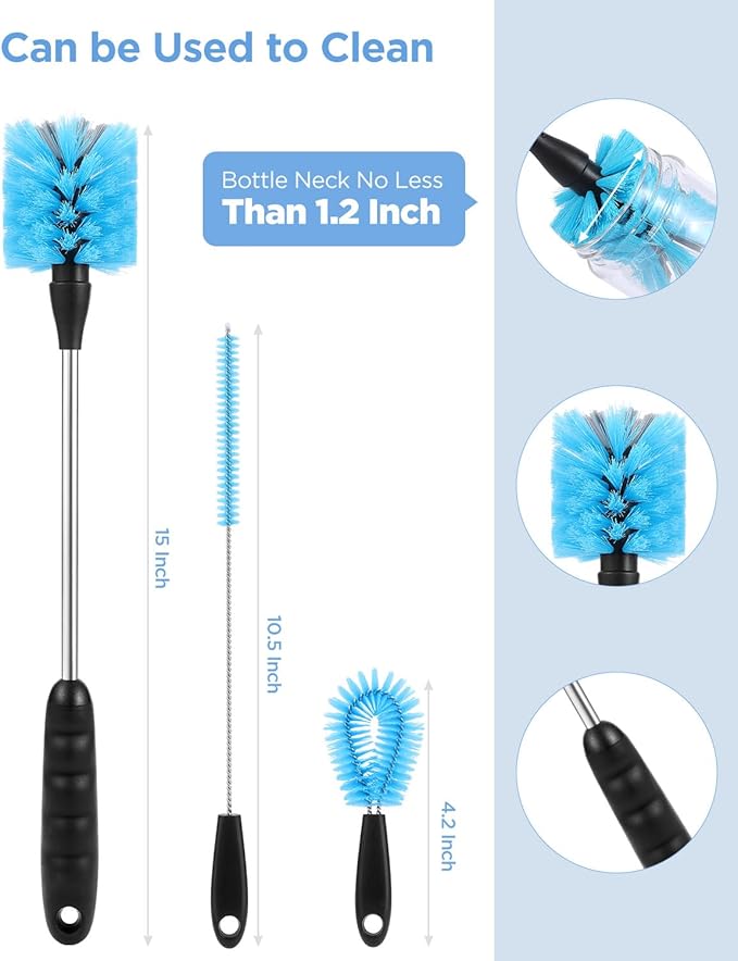 EasyAcc Water Bottle Cleaner Brush, 3 Pack 15 Inches Straw Brush Cleaner for Owala Stanley Hydroflask, Long Handle, with Straw Cleaner & Nipple Brush, for Coffee Mugs, Ice Tea Jars
