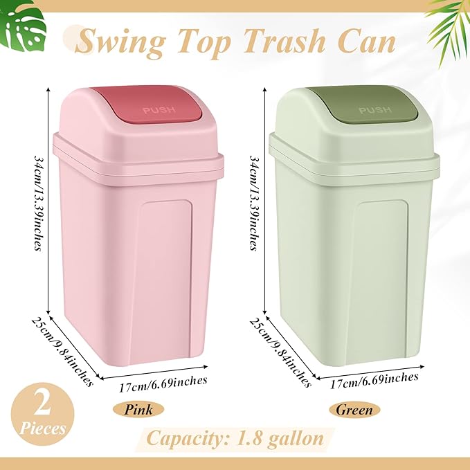 Sumind 2 Pcs 1.8 Gallon Bathroom Trash Can with Swing Lid Small Garbage Can Plastic Bathroom Trashcan Garbage Bin for Kitchen Waste Bedroom Room Outdoor (Green and Pink)
