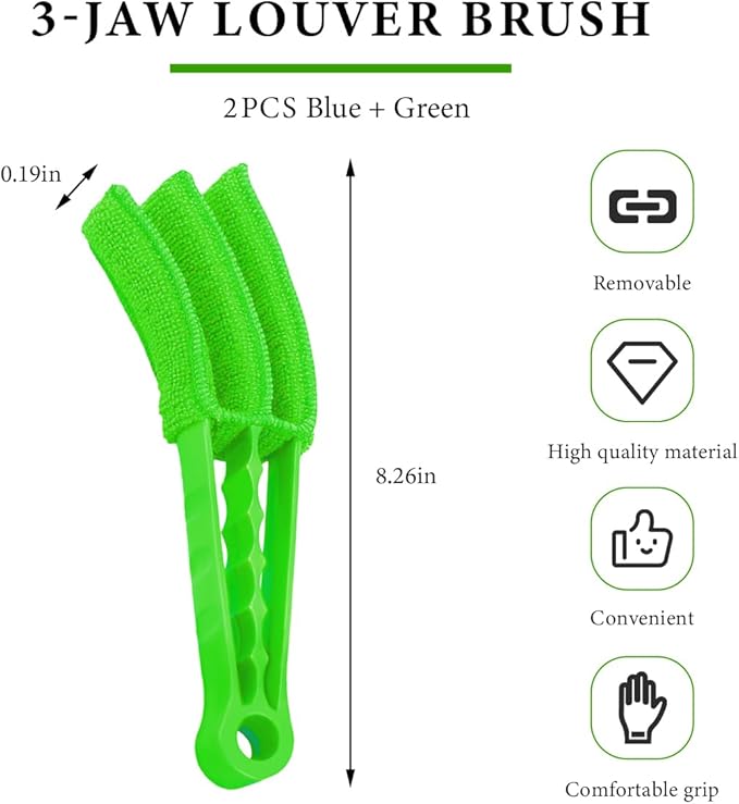 2 PCS Blind Cleaner Duster Tool, Window Venetian Hand-held 3 Arm Dusting Cleaner Brush, Blinds Cleaning Brush Tool for Window Shutters Air Conditioner, Car Accessories (Green+Blue)