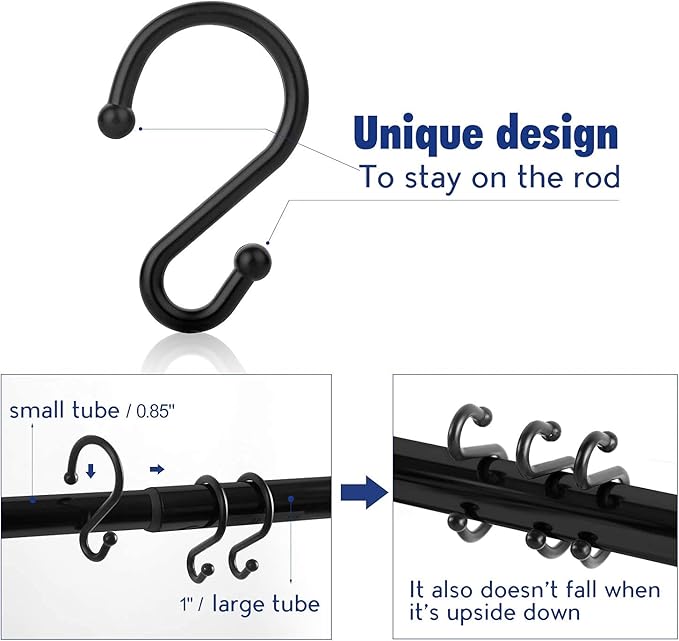 Metal Shower Curtain Hooks，Set of 12 Rings，Rust Resistant S Shaped Hooks Hangers for Kitchen Utensils, Clothing, Towels, etc. (Black)