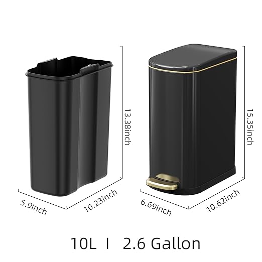 2.6 Gallon Slim Bathroom Trash Can with Soft-Close Foot Pedal, 10L Stainless Steel Garbage Can with Removable Liner Bucket, for Narrow Spaces,Bathroom, Bedroom (Titanium Black)