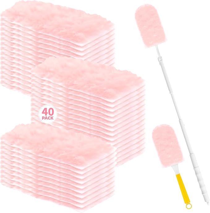 Heavy Duty Dusters Refills, Disposable Dusters Kit Compatible with Swiffer Handles, Multisurface Dusters+1 Extended Handle +1 Handle (Pink, 360°)