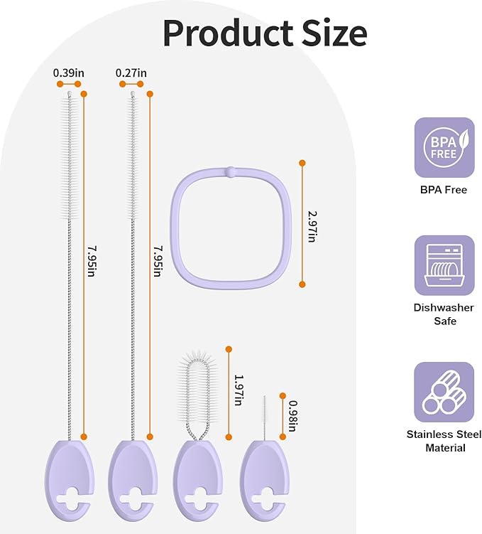4in1 Straw Cleaner Brush Set, Standing Cleaning Brush Set Includes 7mm &10mm Straw Brushes, Cup Lid Brush, Crevice Brush, for Wide and Narrow Straws, Water Bottles, Cups and Lids, Purple
