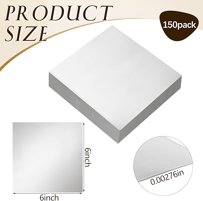 150 Packs Aluminum Metal Crafts DIY Foil 6 Inch x 6 Inch x 0.07 mm Thick for Art Project Aluminum Flashing Roll Wide Sheet Multipurpose Metal Sheets(Silver)