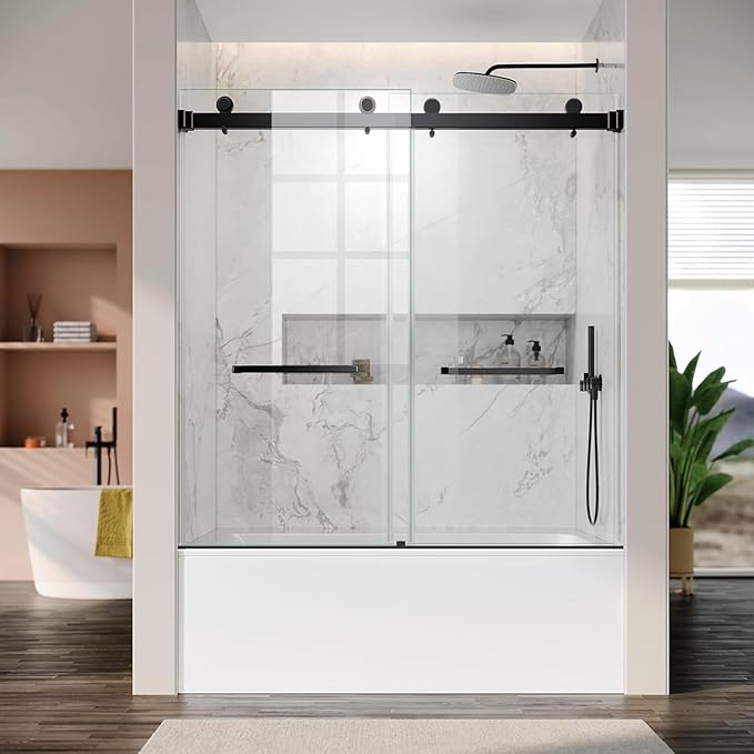 Frameless Double Sliding Shower Door 56-60'' W x 62'' H,Matte Black Stainless Steel Handles Glass Door for Bathtub,Tub Shower Door with 3/8" (10mm) Clear SGCC Tempered Glass