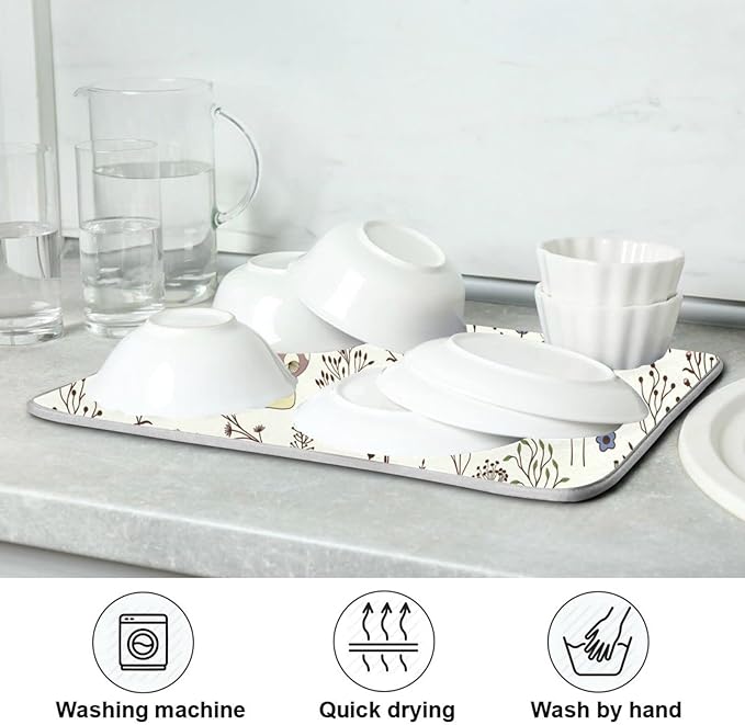 Cute Mushroom Wild Plant Dish Drying Mat for Kitchen Counter Absorbent Microfiber Drying Pad, Large 18x24 in, Reversible Drainer Mats