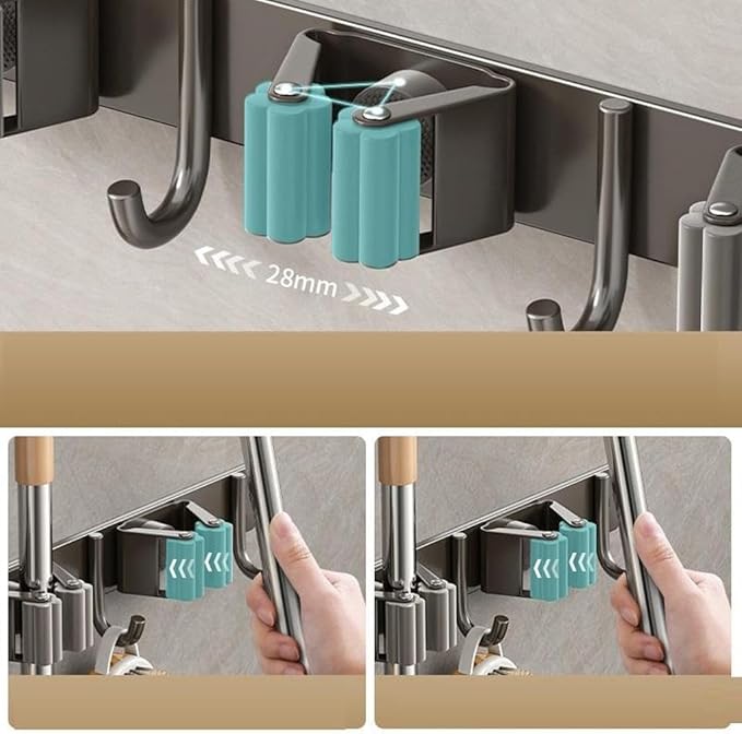 Wall Mount Mop and Broom Holder – Heavy Duty SUS304 Stainless Steel Organizer with 4 Hooks & 3 Clips – Space Saving Storage Rack for Kitchen, Bathroom, Garage, Laundry Room