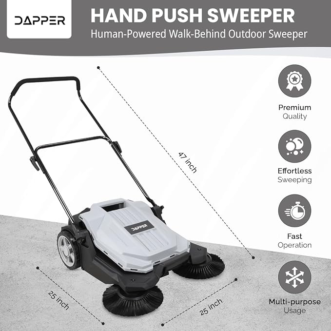 Walk-Behind Outdoor Hand Push Floor Sweeper - 5.25 Gallon Capacity - 25.5" Sweeping Width - Sweeps up to 27,900 ft/Hour, Grey