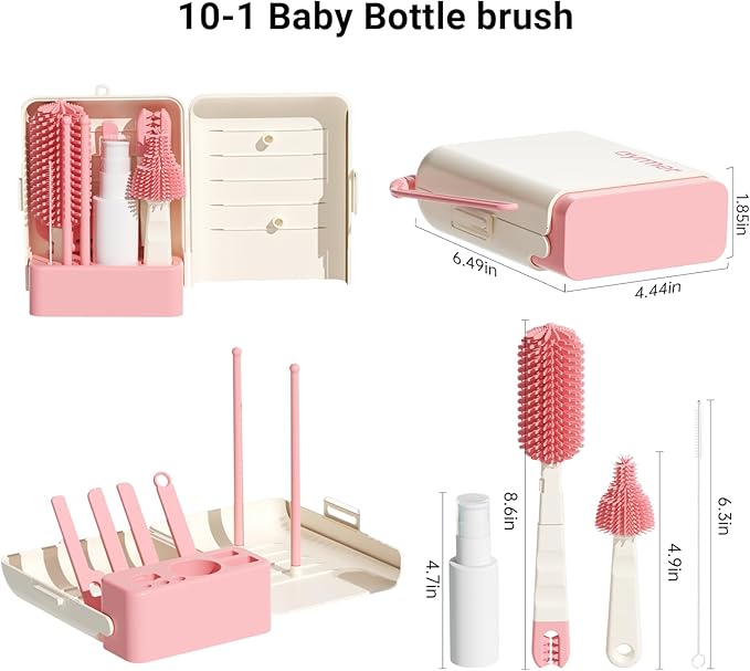 Baby Bottle Brush, 10 in 1 Travel Baby Bottle Cleaner Brush Set with Silicone Brush, Nipple Brush, Straw Brush, Soap Dispenser, Portable Drying Rack, Breast Pump & Bottle Cleaning Kit - Coral Pink