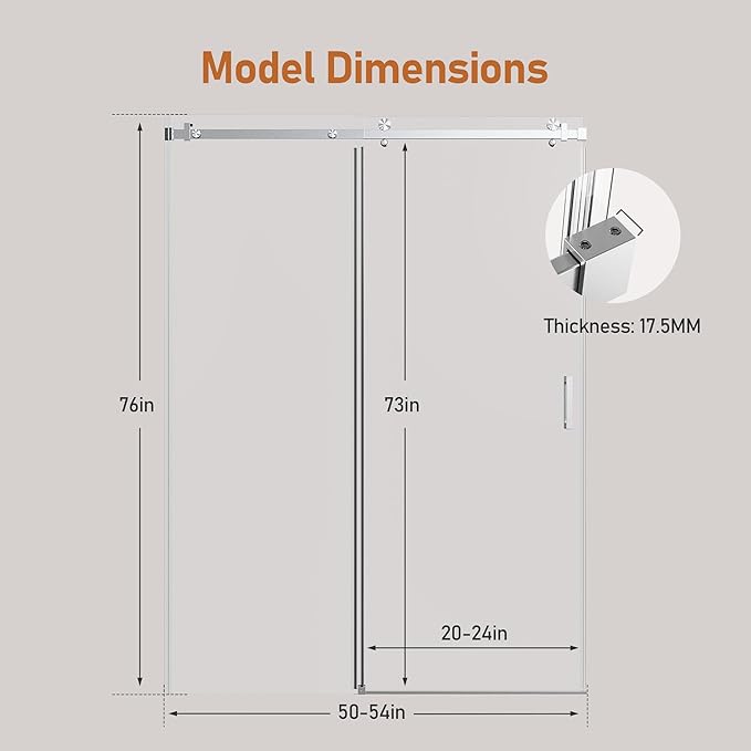 50-54 Inch Frameless Sliding Shower Door, 76" Height, 5/16" (8mm) Clear Tempered Glass, Smooth Gliding Track & Anti-Jumping System, Stainless Steel Brushed Nickle Finish
