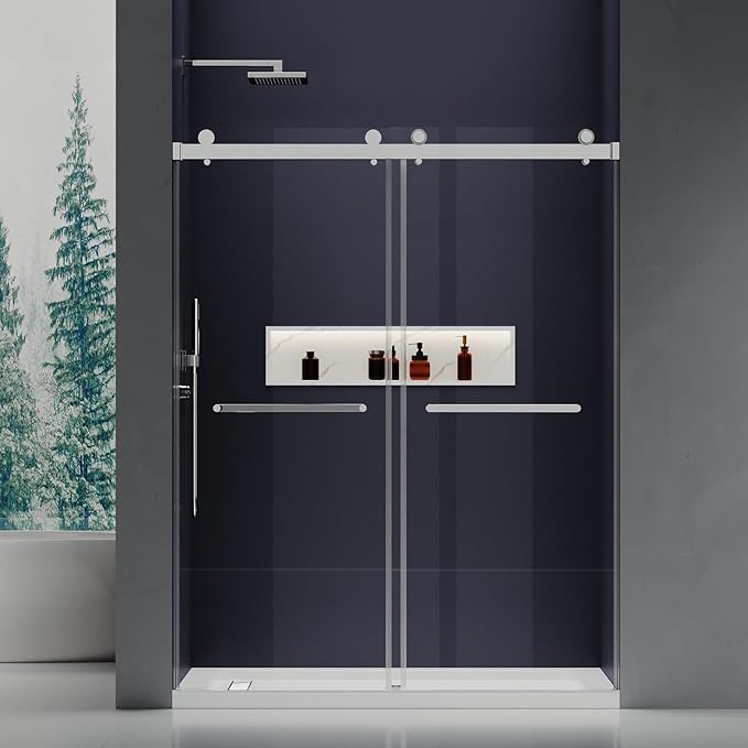 56-60" W x 76" H Double Sliding Frameless Shower Glass Door, 5/16" (8mm) ANSI & SGCC Certified Tempered Glass with Double Nano Coating, Stainless Steel Hardware & Towel Rack (Bright Chrome)