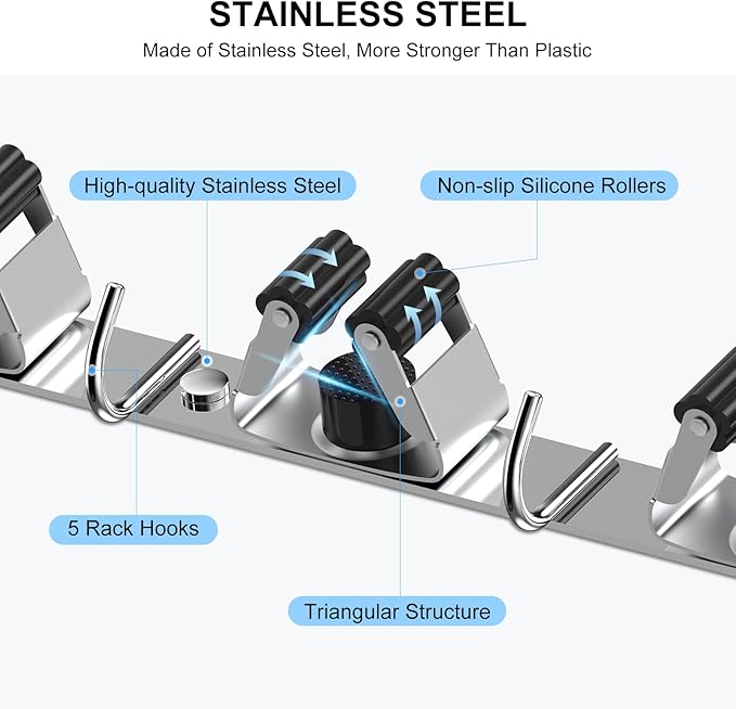 2 Pack Broom Holder Wall Mount Mop Hanger, Stainless Steel 4 Racks 5 Hooks Self Adhesive Heavy Duty Tool Organizer for Garage Kitchen Garden Laundry Room Home (Silver）