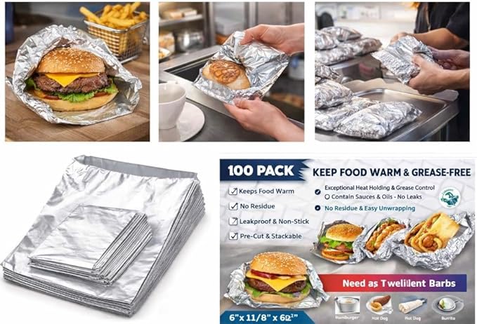 ANGEL’S PEEL LOUNGE Insulated Aluminum Foil Hamburger Bags - Precut Tin Foil Wraps For Burgers, Sandwiches, Hot Dogs, Heavy Duty Non Stick Grease-Resistant Food Wrapping, 6” x 11/8” x 61/2 100 PACK