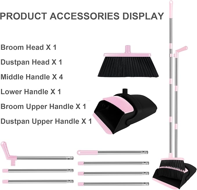 Pink Broom with Dustpan Combo Set, 51" Long Handle Household Kit for Home for Pet Hair