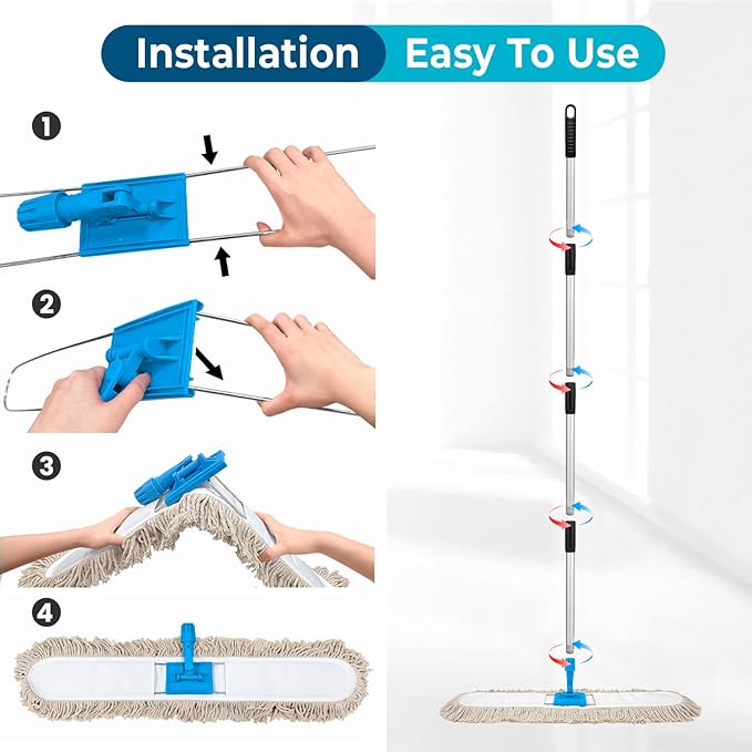 41” Commercial Dust Mop for Floor Cleaning, Industrial Dry Mop with Heavy Duty Long Handle, Large Cotton Reusable mop Head, for Cleaning Office Garage Hardwood Warehouse Factory Mall