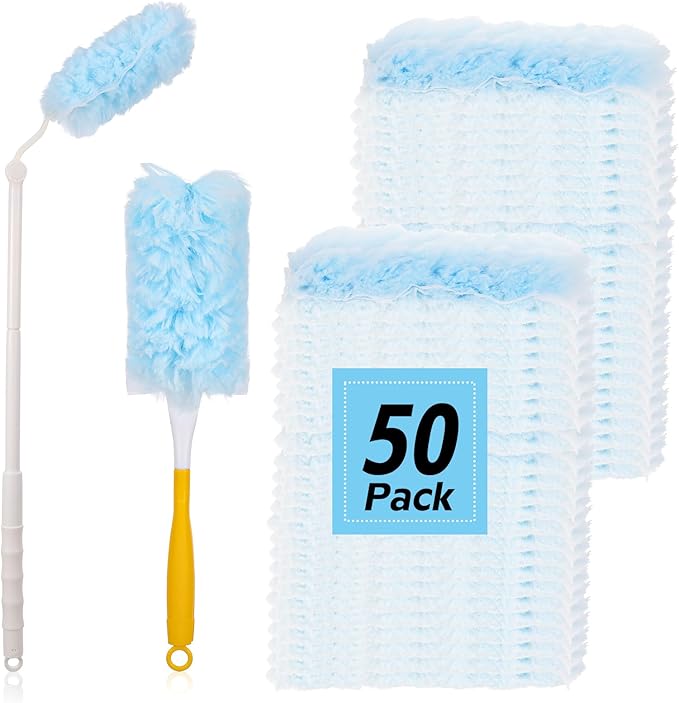 52 PCS Disposable Duster Refills, Heavy Duty Duster Refills Kit with 2 Handles - 360 Degree Electrostatic Cleaning System for Furniture Blinds Electronics