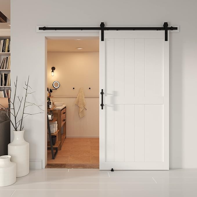 42''x84'' Sliding Barn Door with 7 Ft Barn Door Hardware Kit& Handle& Floor Guides,Pre-Drilled Holes Easy Assembly - Include Installation Manual, Water-Proof PVC Surface, H-Frame, White
