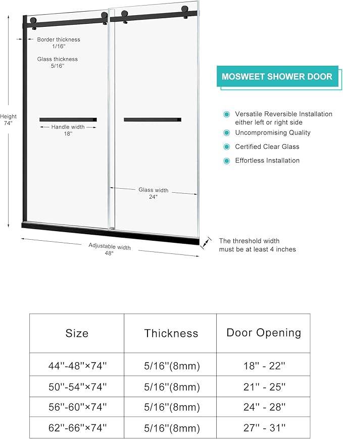Milano Double Sliding Shower Door, 44-48 in.W x 74 in.H Framed Shower Door 5/16"(8mm) Clear Tempered Glass, 18 inch Pull Handle, Stainless Steel Hardware, Matte Black Finished