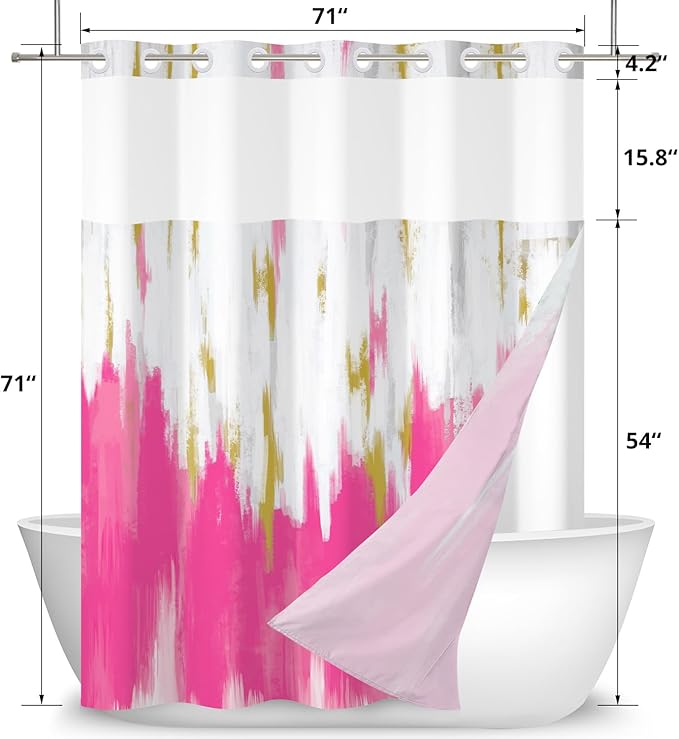 No Hook Shower Curtain with Snap in Liner, Hotel Style Hot Pink White Gold Brush Strokes Art Modern Shower Curtain Waterpoof Washable with See Through Top Window,71"x71"