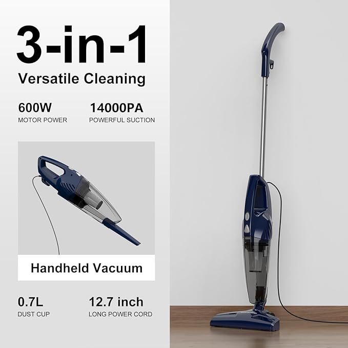 Corded Stick Vacuum for Pet Hair & Hard Floors - Lightweight, 3-in-1 Handheld with 180°Left-Right Steering, 14KPA Powerful Suction on Low-Pile Carpet, HEPA Filter, 16.4ft Cord, 0.7L Capacity (VA001)