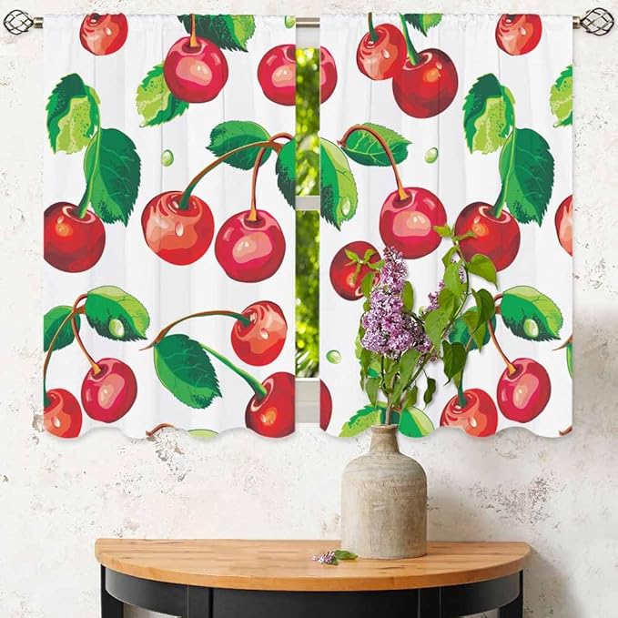 Red Cherry Kitchen Curtains Sweet Ripe Fruit Fresh Juicy Berry Short Tier Curtains for Bathroom Cafe Small Window Drapes Treatment 2 Panels (27.5x39 Inch)