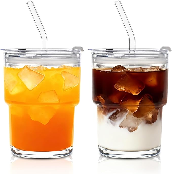 13oz Glass Tumbler with Lid and Glass Straw Set of 2 – Thick-Walled Iced Coffee Cup, Reusable Clear Glass Cups for Water, Iced Tea, Coffee, Juice, Perfect for On-the-Go & Daily Use