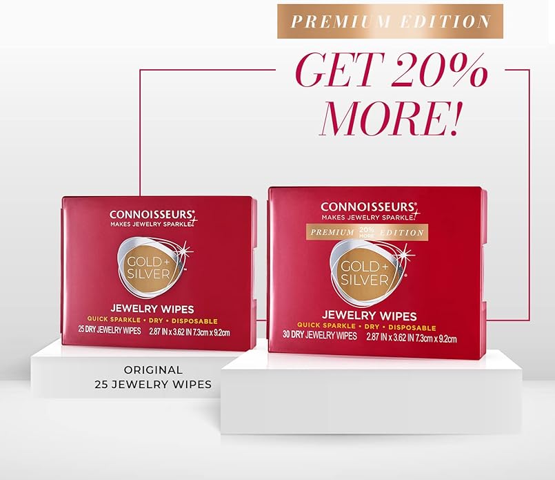 CONNOISSEURS Premium Edition Compact Jewelry Wipes No Rinse Gold and Silver Jewelry Cleaner, Polish and Remove Tarnish to Restore Brilliance, Dry Disposable Wipes, Diamond Dazzle Stik