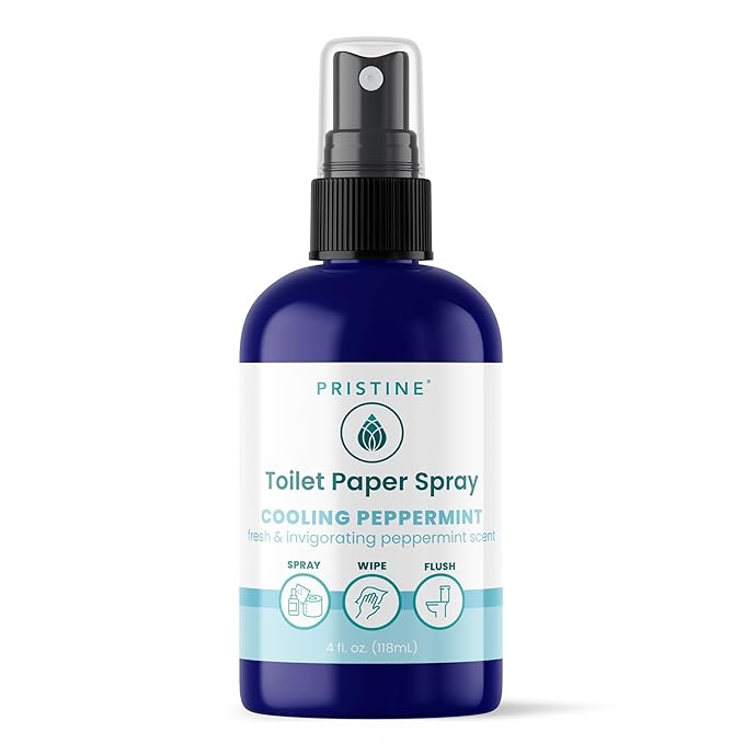 PRISTINE Sprays Toilet Paper Spray, Flushable Wet Wipe Alternative, Cooling Peppermint Scent, 4 oz, 1 oz Travel Size, 32 oz Refill, pH Balanced, Biodegradable