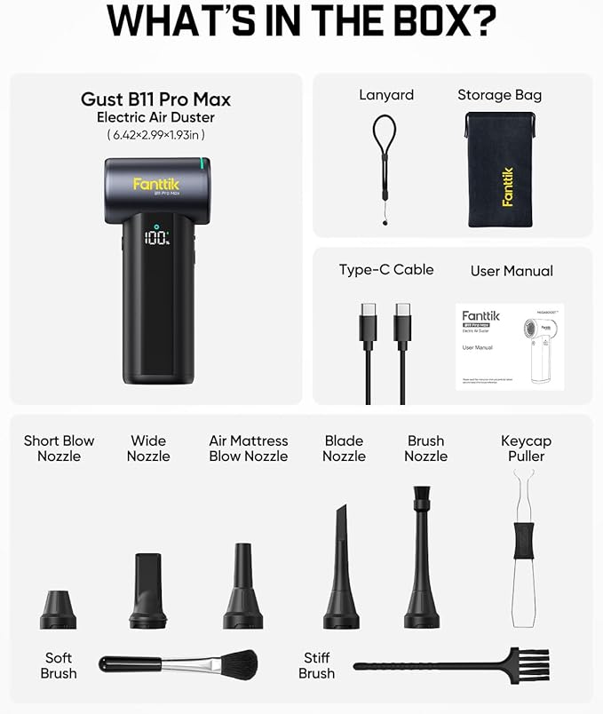 Fanttik Gust B11 Pro Max Electric Air Duster, 150000RPM Brushless Motor, Compressed Air Duster, 100 Gears Adjustable, One-tap Booster, 28.08Wh Rechargeable Battery, Electric Duster for PC, Car, House