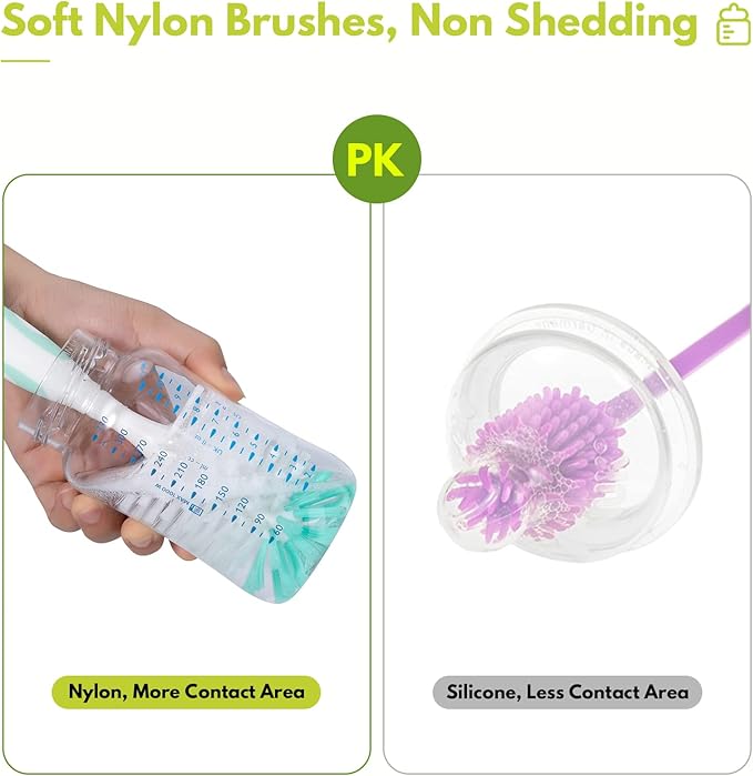 Baby Bottle Brush Set with Nipple Cleaner and Suction, 10.2" Cleaning Brush and 6.5" Sponge Bottle Brush with A Replacement Brush Head and Two 6.7" Straw Brushes, Pack of 5 (Green)