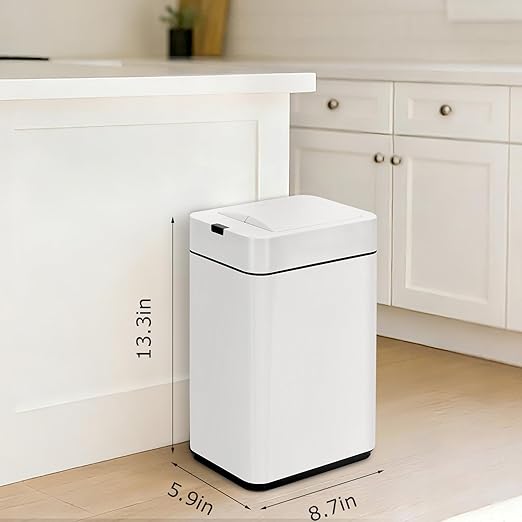 Sensor Trash Can with Butterfly Lid 2.6 Gallon Rectangular Automatic Garbage Can, Stainless Steel Trash Bin, Slim Waterproof Wastebaskets with Lid Soft Close for Under Counter, White