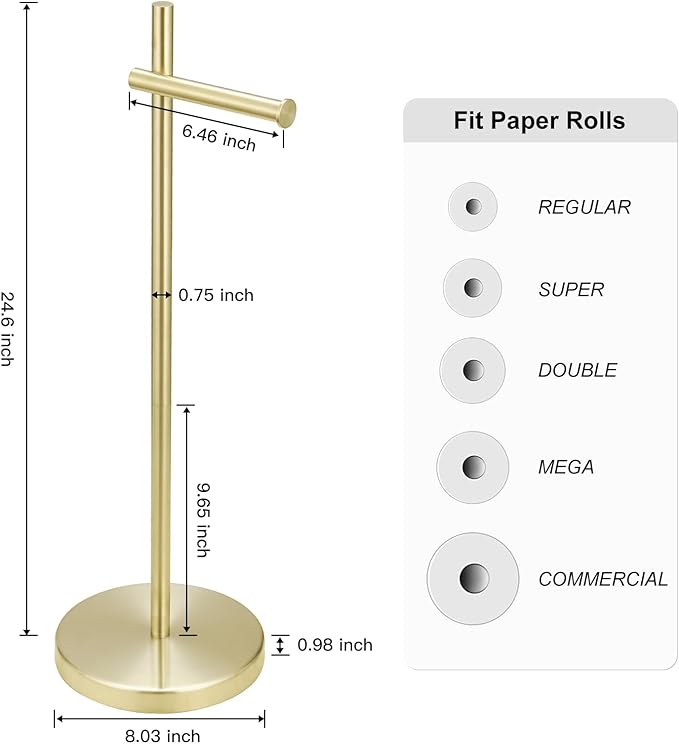 BWE Toilet Paper Holder Free Standing Toilet Paper Holder for Bathroom Gold Toilet Paper Storage Holder Stand with Non-Slip Stable Base Modern Stainless Steel Toilet Tissue