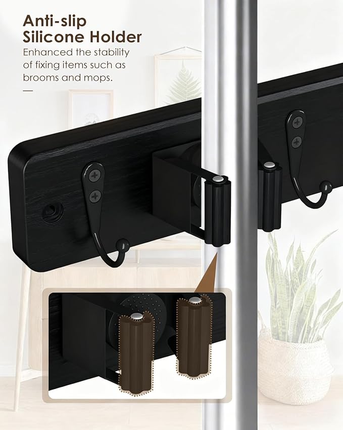 AceMining Broom Holder Wall Mounted, Black 4 Holders and 4 Hooks Mop Holder, Wooden Mop and Broom Holder with Anti slip rubber, Natural pine wood Brush Holder, Mop Wall Holde with Nail installation