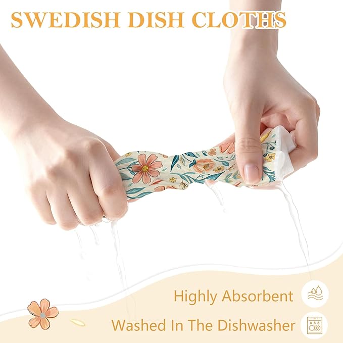 5 Pack Mixed Vintage Floral Swedish Kitchen Dishcloths Dish Towel, Dish Towels for Kitchen, Swedish Dishcloth Colorful Flower, Paper Towels Reusable, Dish Cloth Towel Cleaning Wipe for Home