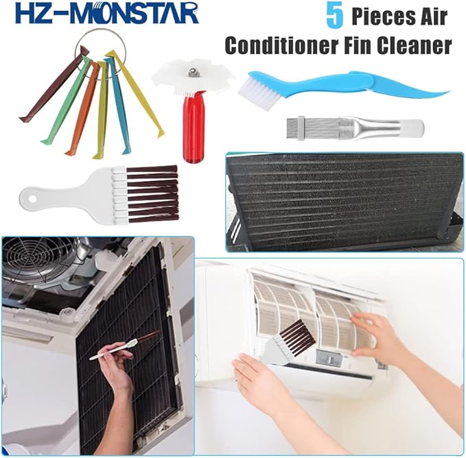 5PCS Air Conditioner Condenser Fin Comb Set, 3Pcs Fin Comb Condenser Fin Straightener, 2Pcs Coil Cleaner Fin Comb, Air Conditioner Fin Comb, AC Fin Comb and Brown Brush Air Conditioner Fin