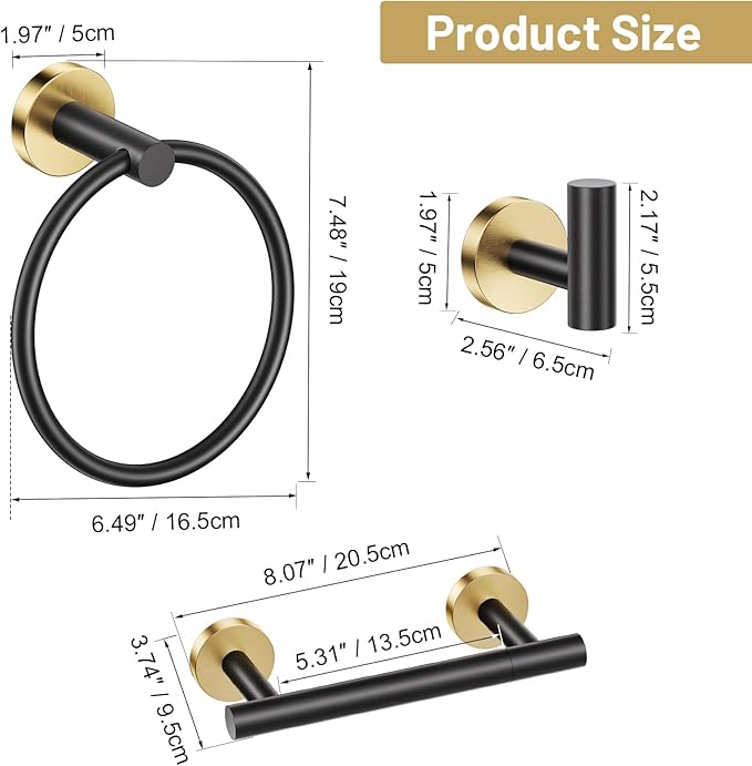 Black Gold Bathroom Hardware Set, 4-Piece Towel Holder Set Include Double Bases Toilet Paper Holder,Towel Ring and 2 Towel Hooks Stainless Steel Wall Mounted Bathroom Hardware Accessories Set