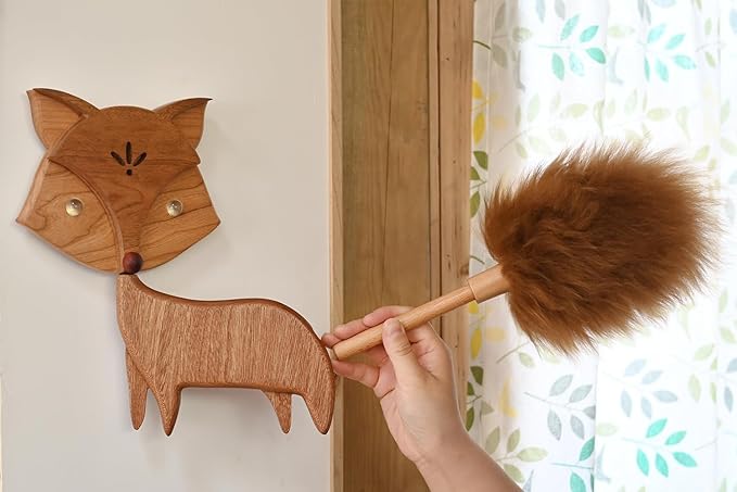 Cute Little Fox for Home Office Decor Small Wooden Feather Duster Lambswool Dusters for Cleaning with Decoration Unique House Warming Gifts New Home (Wall Mounted)