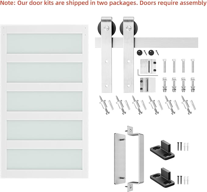 SmartStandard 48 x 84 inch Glass Barn Door with 8FT Brushed Nickel Sliding Hardware Kit & Handle, Pre-Drilled Ready to Assemble, Waterproof PVC Coating, White, 5-Panel Glass