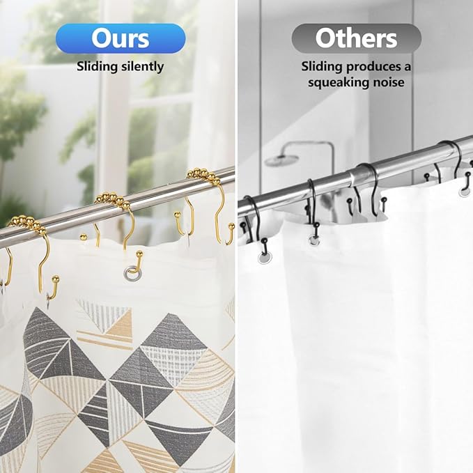 Double Shower Curtain Hooks, Sturdy Metal Nickel Shower Curtain Rings, Glide Roller Shower Hooks,Rust Proof Anti-Drop Curtain Hooks, 12 Pcs Smooth Sliding Rings for Bathroom Shower Rods Curtains