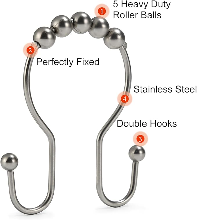 Goowin Shower Curtain Hooks, 12 Pcs Shower Curtain Rings, Stainless Steel Shower Curtain Hangers, Double Hook Shower Curtain Hooks, Smooth Sliding Anti-Drop Shower Rings for Curtain (Matte Nickel)