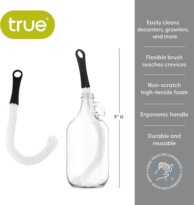 True Decanter and Growler Brush Multipurpose Glassware Cleaner, No-Scratch High-Tensile Foam Reusable Cleaning Accessory with Ergonomic Handle, White