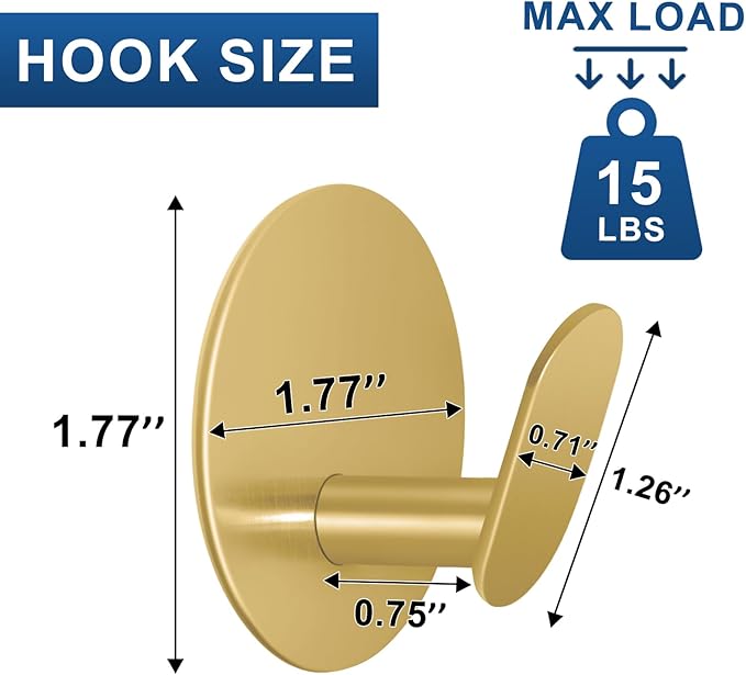 Adhesive Hooks for Bathrooms, 4 Piece Towel Hooks for Hanging Hat Robe Coat, Stick on Hooks for Kitchens, Strong Self-Adhesive No Damage Waterproof Stainless Steel Sticky Hook (Gold)
