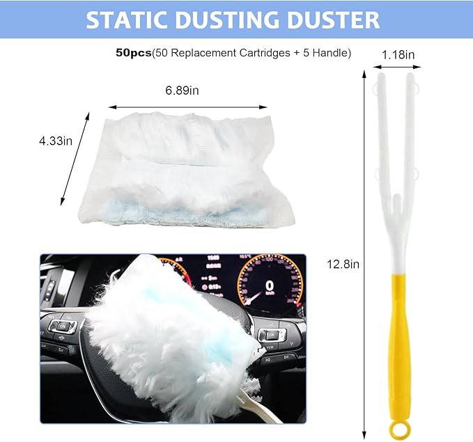 50PCS Disposable Duster Refills, Heavy Duty Static Feather Duster Replacement with 5 Handle, Multi-Surface Efficient Dusting Refill Kit for Cleaning Furniture Electronics