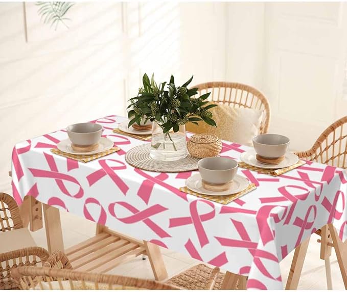 Pink Ribbon Table Cloth 52x70 Cancer Medical Awareness Rectangular Tablecloth Polyester Washable Table Cover for Dining Kitchen Banquet Picnic Rustic Decorative