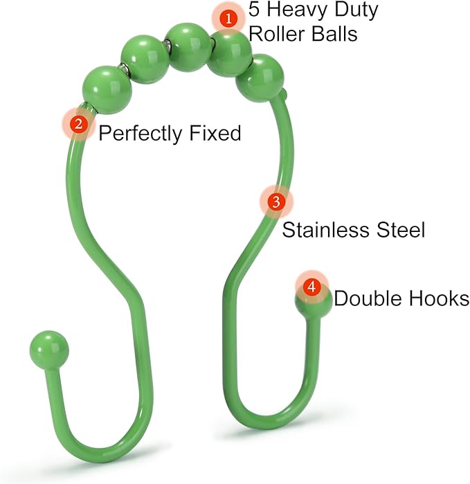 Goowin Shower Curtain Hooks, 12 Pcs Shower Curtain Rings, Stainless Steel Shower Curtain Hangers, Double Hook Shower Curtain Hooks, Smooth Sliding Anti-Drop Shower Rings for Curtain (Green)