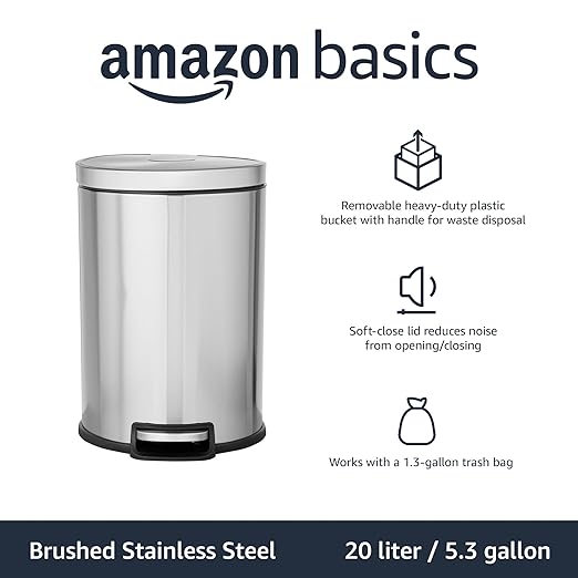 Amazon Basics Round Cylindrical Trash Can with Soft-Close Lid, Foot Pedal, Removable Inner Bucket, Smudge Resistant, 20 l/5.3 gallon, Brushed Stainless Steel