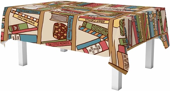 Books on Bookshelf Rectangular Tablecloth Cute Sleeping Cat Kitten in Library Brown 52x70 Table Cloth for Wedding Party Banquet,Dining Kitchen Table Cover