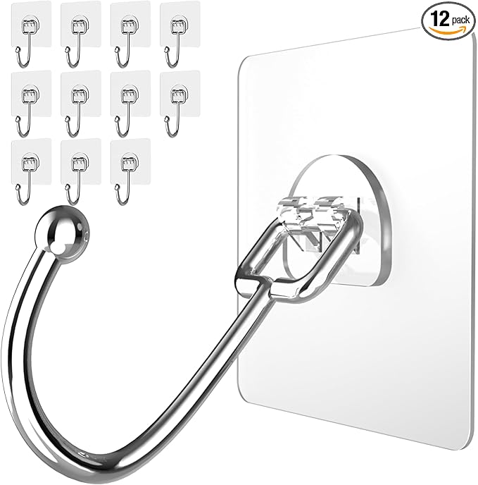 Large Adhesive Hooks 12-Pack, Heavy Duty Wall Hooks for Bathroom, Kitchen, Outdoor, Strong Self-Adhesive Towel & Coat Hooks, Waterproof Transparent Utility Hooks for Home Improvement