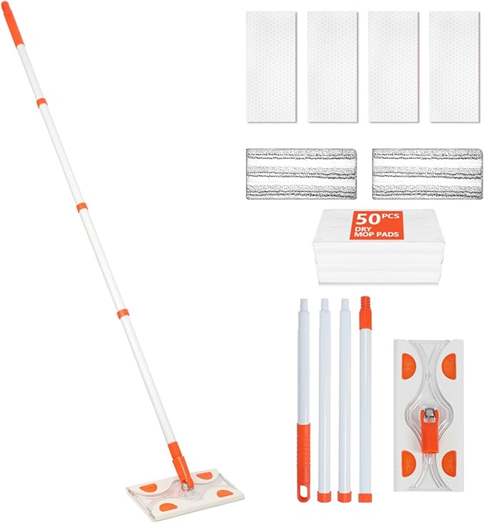 Mops for Floor Cleaning,55" Handle with 10" Flat Head with 4 Magic Sponge Eraser Pads、2 Microfiber Pad and 50 Dry Cleaning Cloths,for Mopping Home, Bathroom, Kitchen